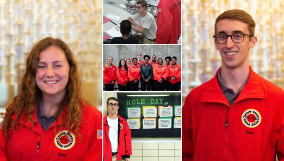 a collage of photos from service: a team of AmeriCorps members, An americorps member sitting at a desk with a student, and portraits of Sally and Ryan
